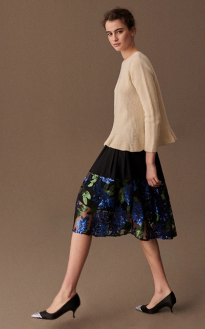 Shop Delpozo Pleated Sequin-embellished Silk Skirt In Black