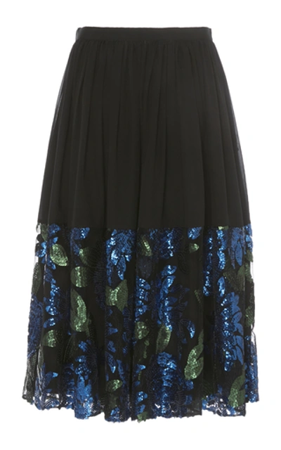 Shop Delpozo Pleated Sequin-embellished Silk Skirt In Black