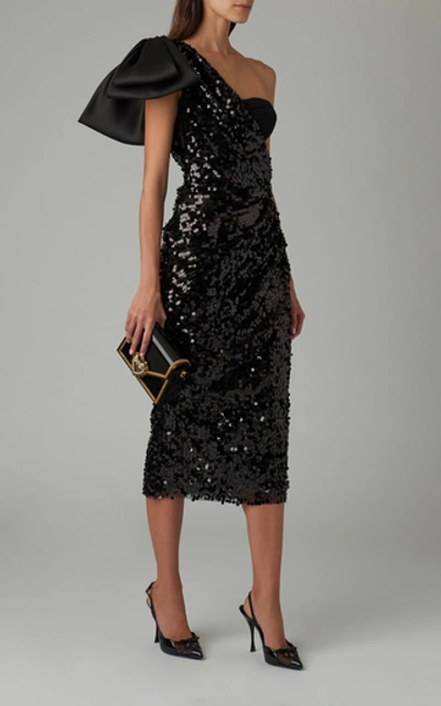 Shop Dolce & Gabbana Bow-detailed One-shoulder Sequined Midi Dress In Black