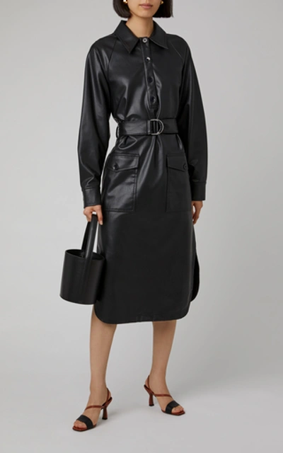 Shop Tibi Belted Faux Leather Midi Dress In Black