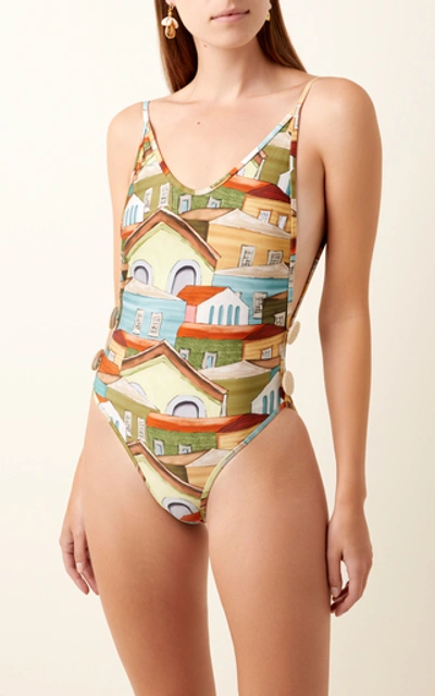 Shop Água De Coco Printed Button-detailed Swimsuit