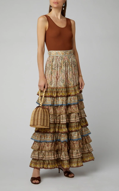 Shop Zimmermann Tiered Printed Silk Maxi Skirt In Neutral