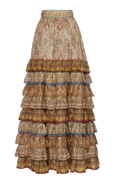 Shop Zimmermann Tiered Printed Silk Maxi Skirt In Neutral