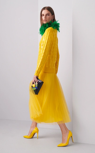 Shop Ralph Lauren Trivelas Pleated Tulle Midi Skirt In Yellow