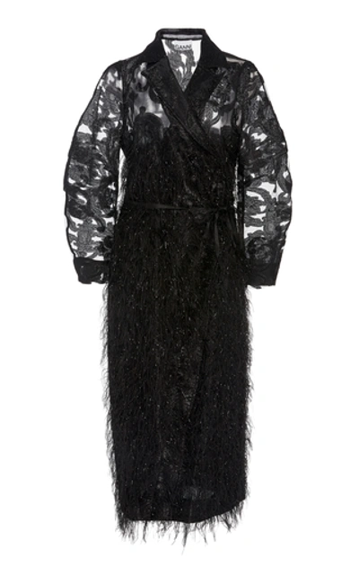 Shop Ganni Feather-embellished Floral-jacquard Midi Dress In Black
