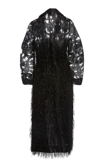 Shop Ganni Feather-embellished Floral-jacquard Midi Dress In Black