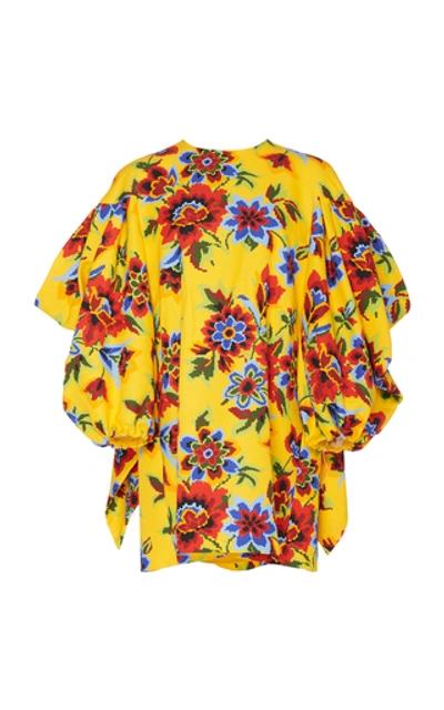 Shop Carolina Herrera Floral-print Cotton And Silk-blend Mini Dress In Yellow