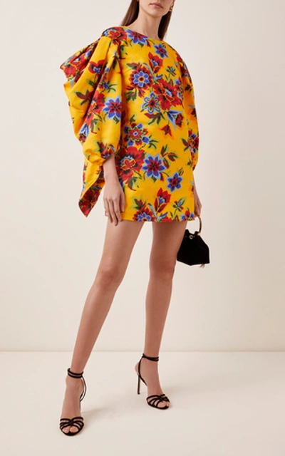 Shop Carolina Herrera Floral-print Cotton And Silk-blend Mini Dress In Yellow