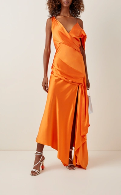 Shop Jonathan Simkhai Asymmetric Satin Midi Dress In Orange