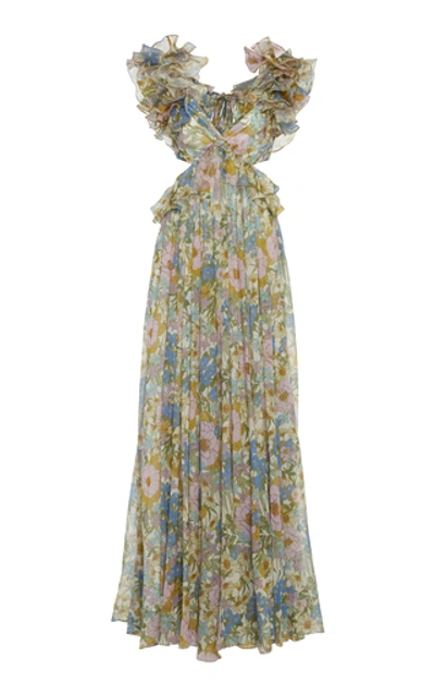 Shop Zimmermann Cutout Floral-print Ruffled Silk-chiffon Maxi Dress In Multi