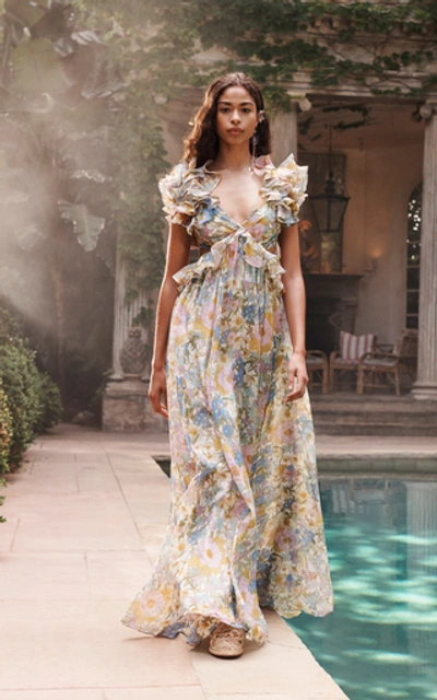 Shop Zimmermann Cutout Floral-print Ruffled Silk-chiffon Maxi Dress In Multi
