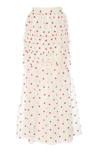 Shop Brock Collection Pine Gathered Heart-print Silk-blend Skirt In White