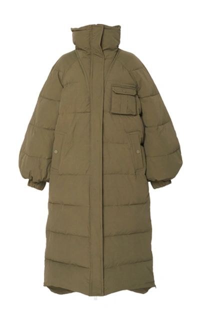 Shop Ganni Quilted Shell Down Coat In Green