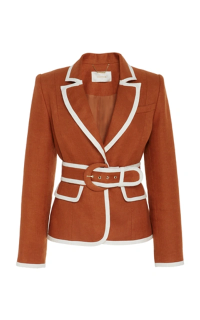 Shop Zimmermann Belted Two-tone Linen Blazer In Brown