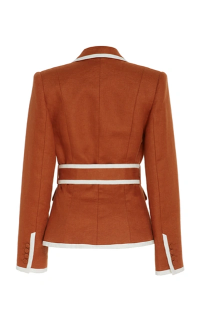 Shop Zimmermann Belted Two-tone Linen Blazer In Brown