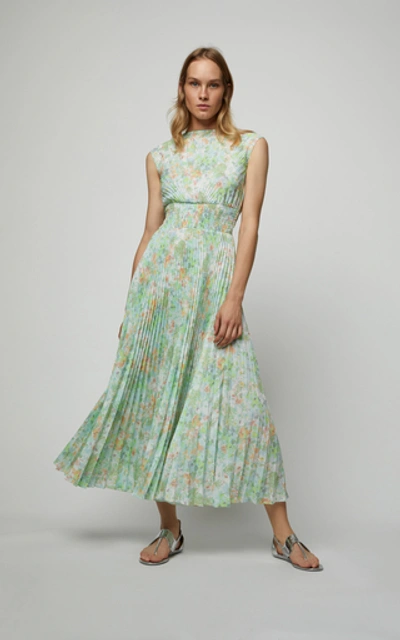 Shop Prada Women's Pleated Crepe De Chine Cap Sleeve Dress In Floral