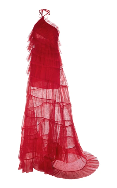 Shop Alexis Justina Tiered Tulle Halterneck Gown In Red