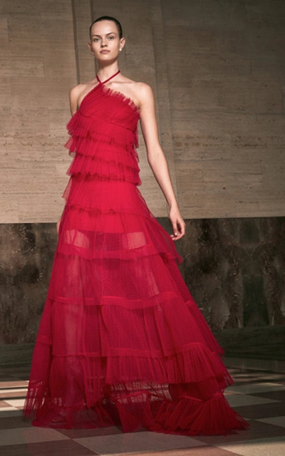 Shop Alexis Justina Tiered Tulle Halterneck Gown In Red