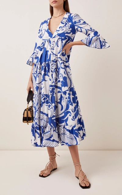 Shop La Doublej Jennifer Jane Floral-print Cotton Midi Dress In Blue