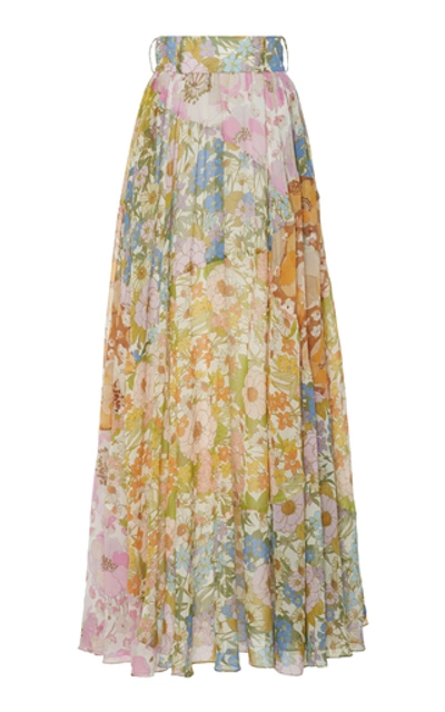 Shop Zimmermann Pleated Floral-print Cotton-blend Maxi Skirt In Multi