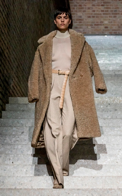 Shop Max Mara Teddy Metallic Faux-fur Double-breasted Coat In Brown