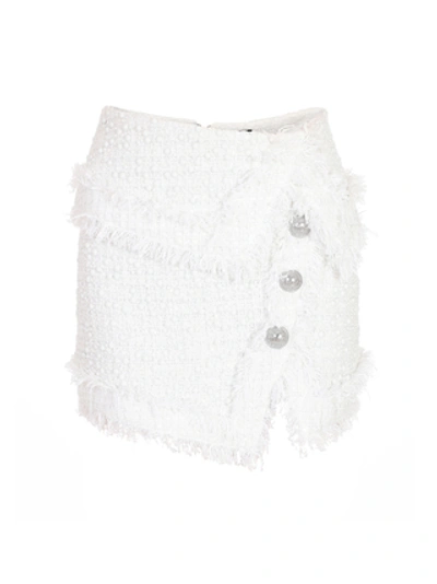 Shop Balmain Short Fringed Pearled Tweed Wrap Skirt In White