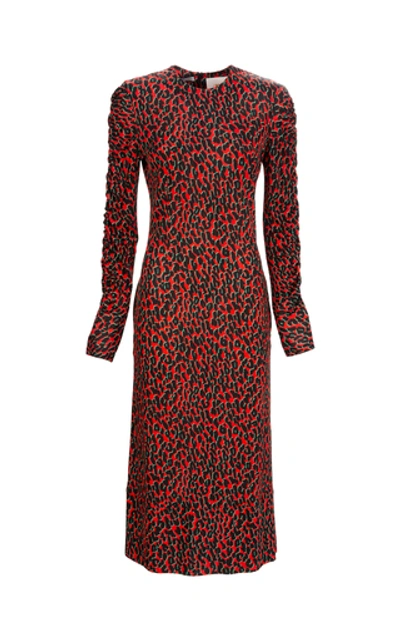 Shop La Doublej Tinder Ruched-sleeve Tailored Leopard Midi Dress In Red