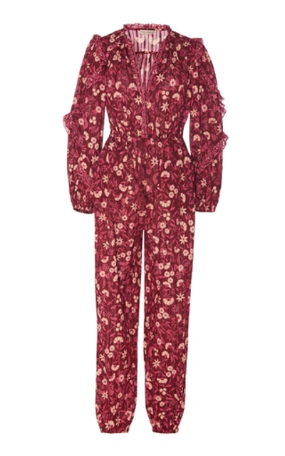 Shop Ulla Johnson Delphine Floral-print Cotton-voile Jumpsuit In Burgundy