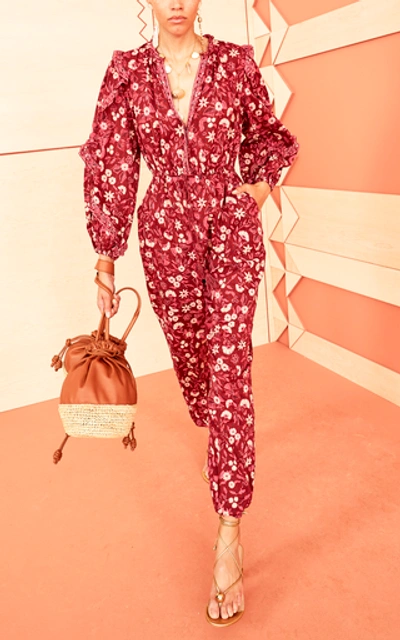 Shop Ulla Johnson Delphine Floral-print Cotton-voile Jumpsuit In Burgundy