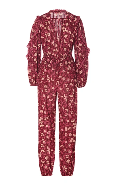 Shop Ulla Johnson Delphine Floral-print Cotton-voile Jumpsuit In Burgundy