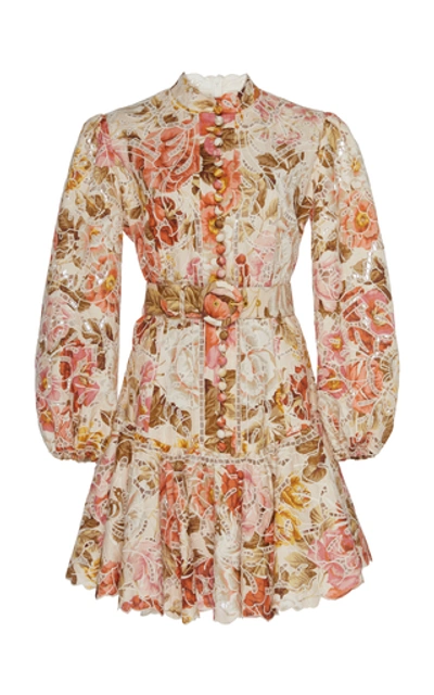 Shop Zimmermann Bonita Floral-print Linen And Cotton-blend Mini Dress In Neutral