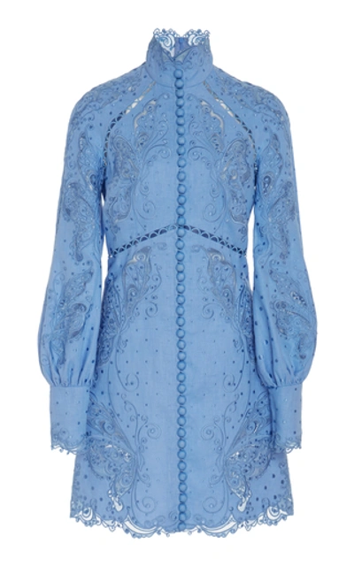 Shop Zimmermann Broderie Anglaise Silk And Linen-blend Mini Dress In Blue