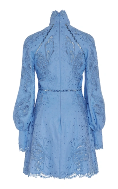 Shop Zimmermann Broderie Anglaise Silk And Linen-blend Mini Dress In Blue