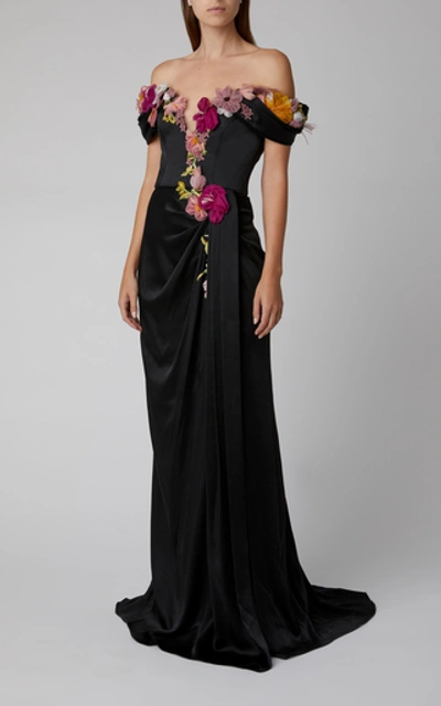 Shop Marchesa Floral-embroidered Organza Gown In Black