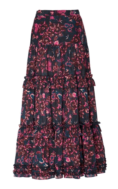 Shop Ulla Johnson Amalia Floral-print Cotton-blend Midi Skirt In Navy