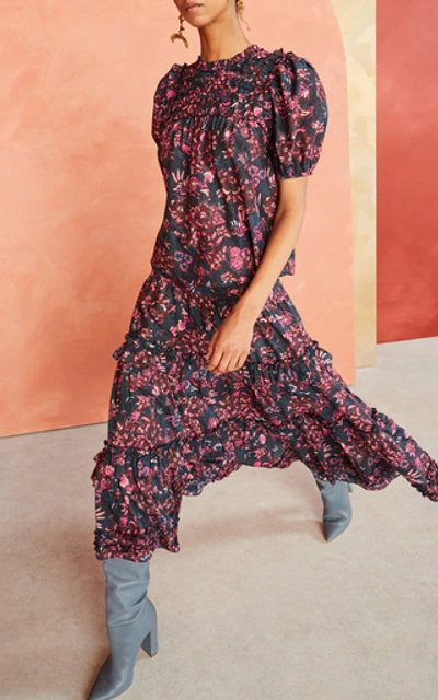 Shop Ulla Johnson Amalia Floral-print Cotton-blend Midi Skirt In Navy