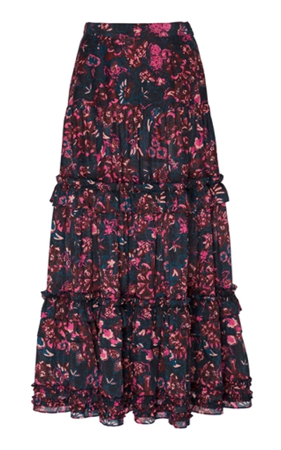 Shop Ulla Johnson Amalia Floral-print Cotton-blend Midi Skirt In Navy