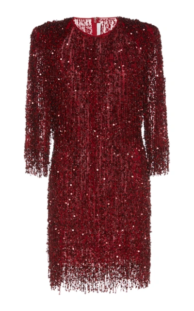 Shop Naeem Khan Fringed Sequined Tulle Mini Dress In Red