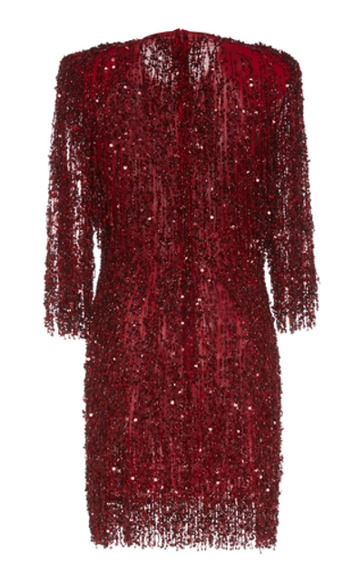 Shop Naeem Khan Fringed Sequined Tulle Mini Dress In Red