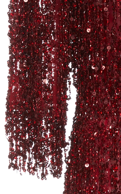 Shop Naeem Khan Fringed Sequined Tulle Mini Dress In Red