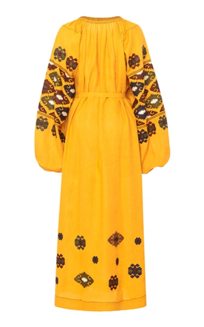 Shop Vita Kin Bodrum Embroidered Linen Midi Dress In Yellow