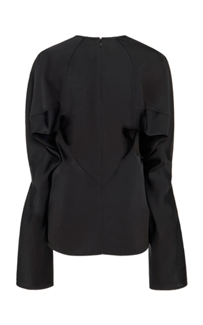 Shop Victoria Beckham Gathered Sleeve Sateen V-neck Blouse In Black