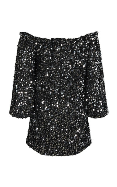 Shop Rotate Birger Christensen Gloria Off-the-shoulder Sequined Chiffon Mini Dress In Black