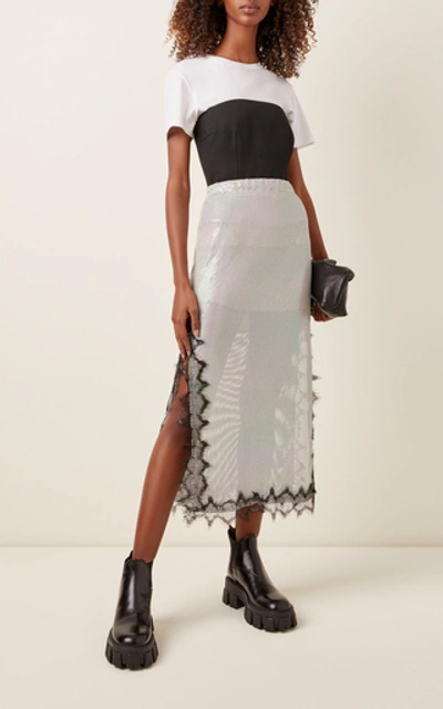 Shop Christopher Kane Lace-trimmed Chainmail Midi Skirt In Silver