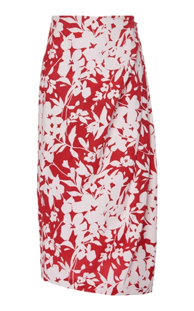 Shop Rosie Assoulin Women's Draped Floral-print Silk Midi Skirt In Red