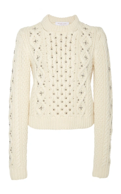 Shop Michael Kors Embellished Cable-knit Cashmere Sweater In White