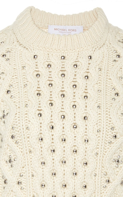 Shop Michael Kors Embellished Cable-knit Cashmere Sweater In White