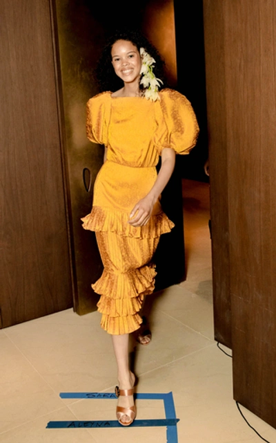 Shop Johanna Ortiz Isolated Treasure Pleated Jacquard Midi Dress In Yellow
