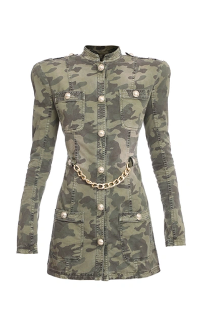 Shop Balmain Camo Chainlink Stretch-cotton Military Mini Dress In Green