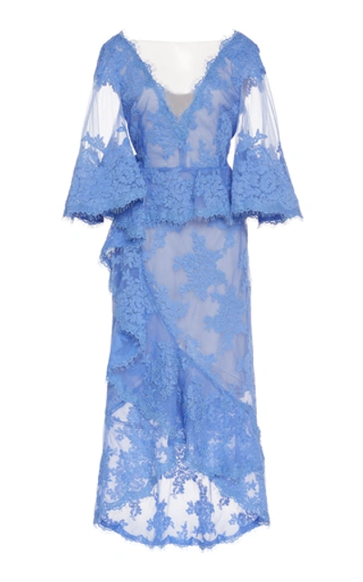Shop Marchesa Embroidered Lace Cocktail Dress In Blue